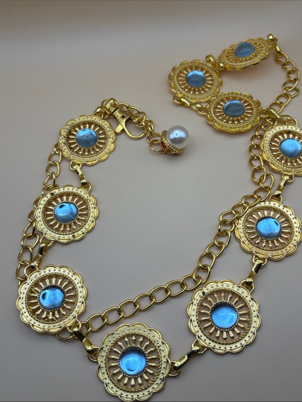 Gold-Tone Belt Blue Medallion Accents Southwest Belt